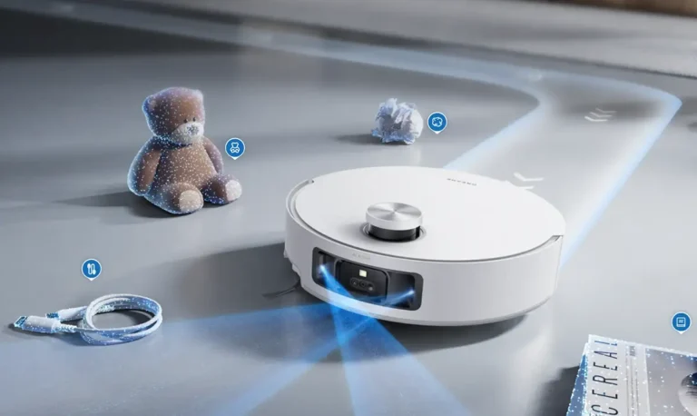 Imagen del robot aspirador Dreame Aqua10 Roller limpiando un suelo moderno mientras su cámara frontal con IA detecta y traza una ruta para evitar un oso de peluche, un cable USB y un papel, demostrando su capacidad de limpieza autónoma.