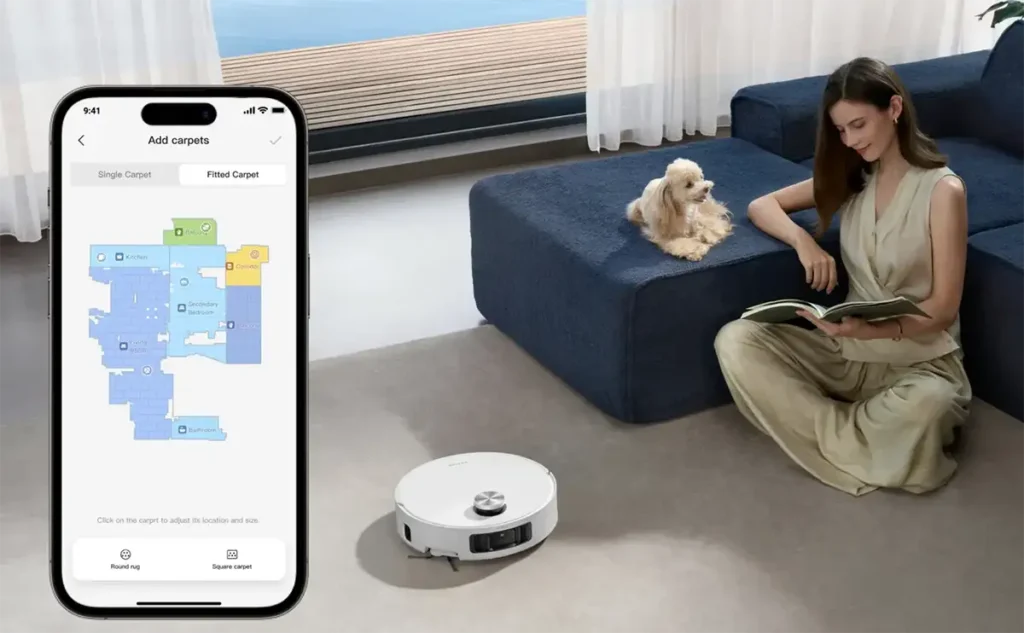 La app del robot aspirador Dreame Aqua10 permite al usuario añadir y definir manualmente la ubicación y forma de las alfombras en el mapa inteligente del hogar para una limpieza personalizada y una gestión precisa de las zonas.