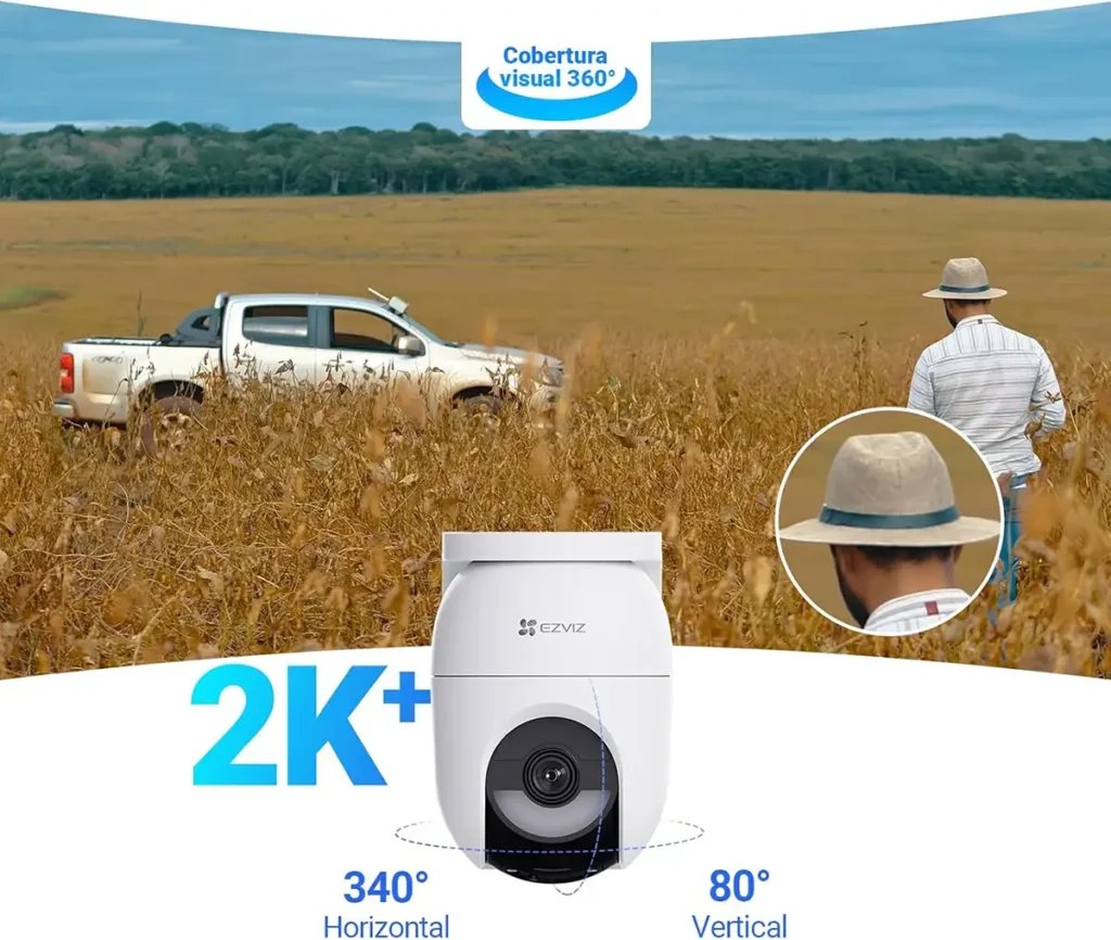 Cámara de seguridad Ezviz CB8 Lite 4G 2K en entorno rural con seguimiento de personas y giro panorámico 340°/80°