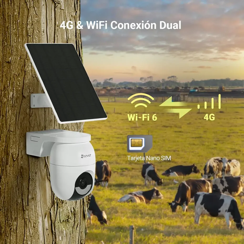 Cámara de seguridad Ezviz CB8 Lite 4G a batería con panel solar, Wi-Fi 6 y 4G para control remoto de campos y granjas