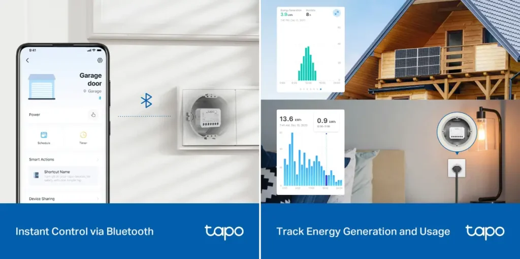 Infografía de funciones del Tapo S110E: a la izquierda, control del relé por Bluetooth desde la app Tapo. A la derecha, medición bidireccional de energía para monitorizar la generación de un kit solar de balcón y el consumo de un electrodoméstico.