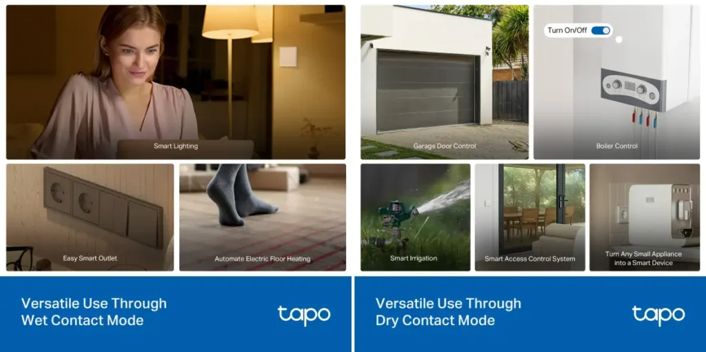 Diferencias de aplicación entre los modos del Tapo S110E: el modo con carga (wet contact) para luces y enchufes, y el modo de contacto seco (dry contact) para calderas y garajes.