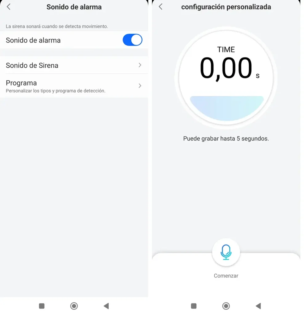 Opciones de sonido de alarma de la Reolink TrackMix PoE, mostrando activación de la sirena y grabación de mensajes de audio personalizados de hasta 5 segundos desde la app Reolink