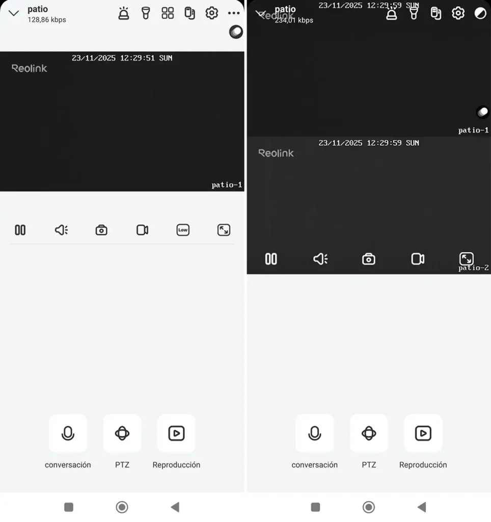 Interfaz principal de la app Reolink con la cámara TrackMix PoE: a la izquierda vista de una sola lente con controles de pausa, audio, captura y calidad; a la derecha vista en mosaico con las dos lentes patio-1 y patio-2 y accesos rápidos a conversación, control PTZ y reproducción.