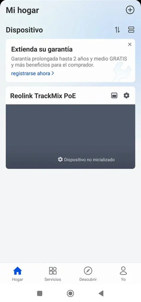 Vista inicial de la app Reolink con la cámara Reolink TrackMix PoE ya añadida a la sección Mi hogar pero aún sin inicializar.
