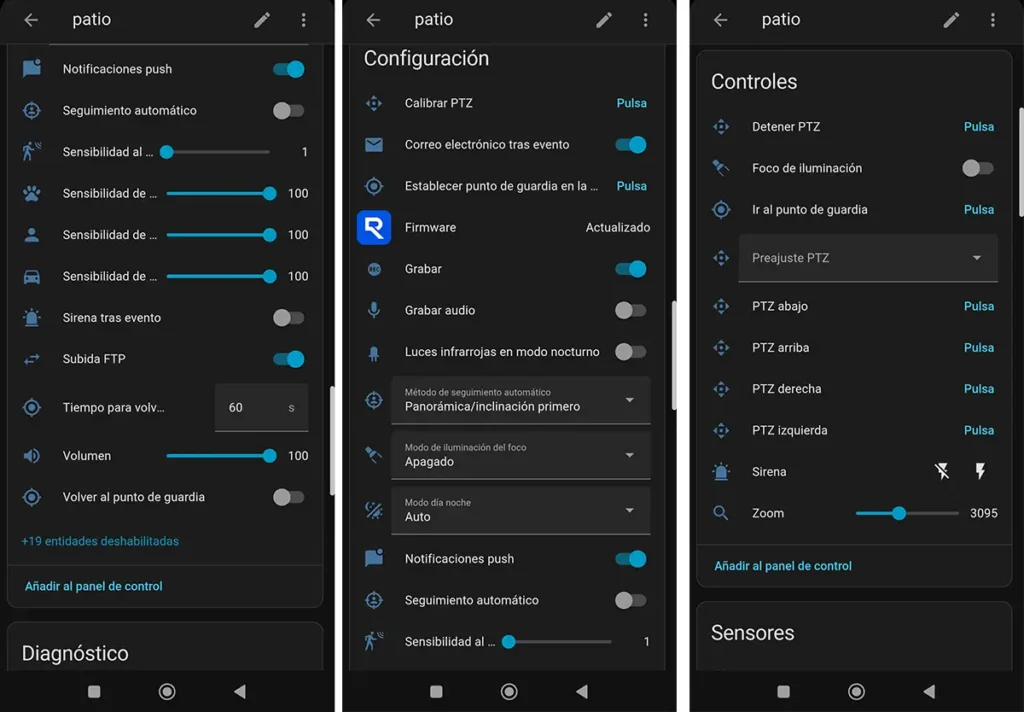 Integración de la cámara Reolink TrackMix PoE en Home Assistant, mostrando controles PTZ, zoom, sirena, focos, notificaciones push y ajuste de sensibilidad de detección