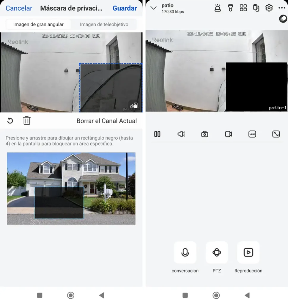 Configuración de la máscara de privacidad en la app Reolink para la cámara TrackMix PoE: a la izquierda se dibuja un rectángulo negro sobre parte de la imagen gran angular para ocultar una zona, y a la derecha se ve la vista en directo con esa área tapada en negro mientras el resto de la escena sigue visible.