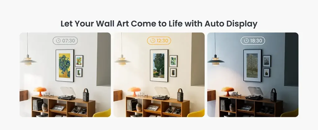 Demostración de la función de programación automática (Auto Display) del SwitchBot AI Art Frame. La imagen muestra en tres paneles cómo el arte del marco digital E Ink a color cambia a lo largo del día para adaptarse al ambiente: una obra por la mañana (7:30), otra al mediodía (12:30) y una diferente por la noche (18:30)