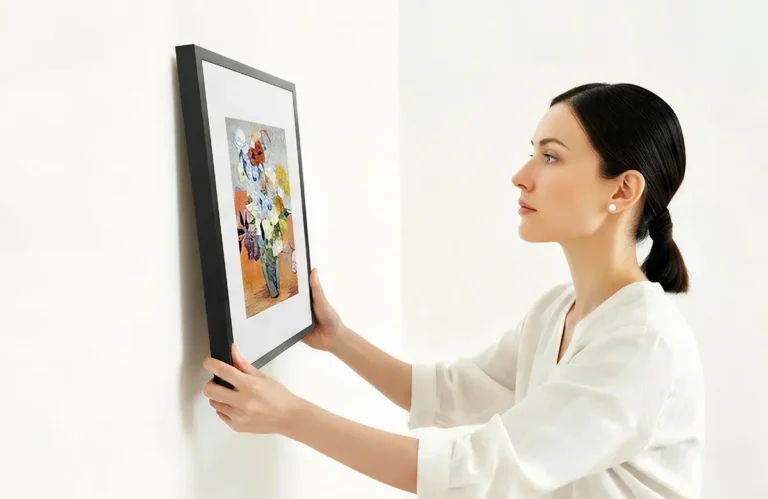 Mujer colgando el marco digital SwitchBot AI Art Frame con pantalla E Ink a color en una pared blanca. El cuadro muestra una obra de arte floral y destaca por su diseño sin cables y su acabado mate sin reflejos, ideal para la decoración del hogar