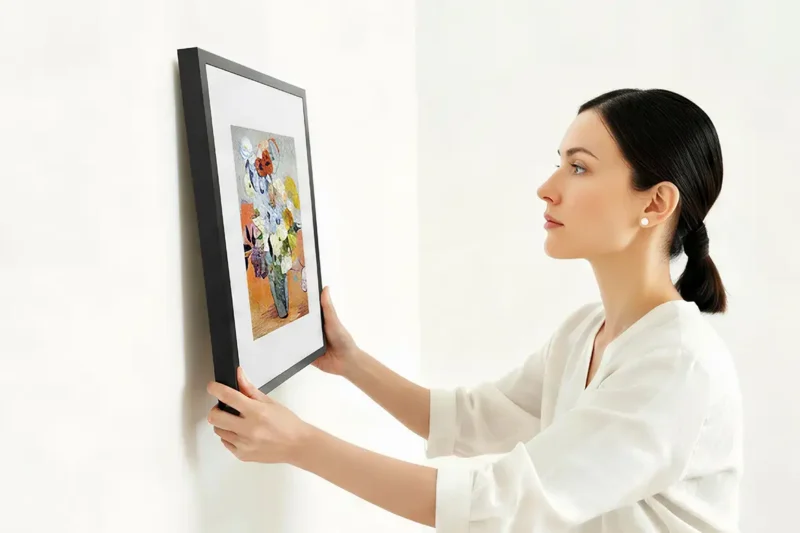 Mujer colgando el marco digital SwitchBot AI Art Frame con pantalla E Ink a color en una pared blanca. El cuadro muestra una obra de arte floral y destaca por su diseño sin cables y su acabado mate sin reflejos, ideal para la decoración del hogar