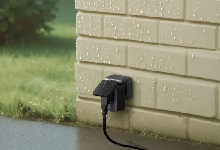 Enchufe exterior inteligente TP-Link Tapo P410M montado en una pared de ladrillo bajo la lluvia, demostrando su resistencia al agua y certificación IP54.