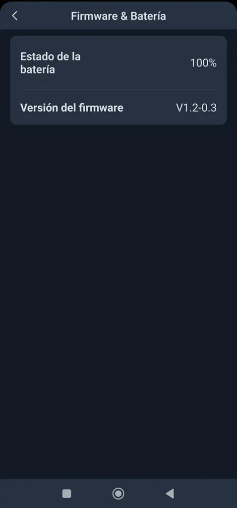 Pantalla de la app de SwitchBot mostrando el apartado Firmware y batería del Presence Sensor, con batería al 100 % y versión de firmware V1.2-0.3