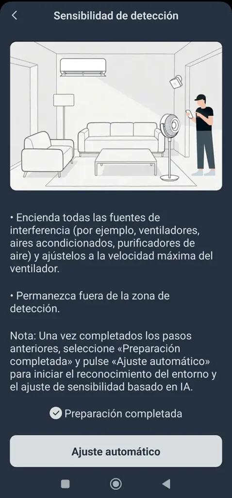 Pantalla de la app de SwitchBot con el asistente de Sensibilidad de detección del Presence Sensor, mostrando instrucciones para encender ventiladores y aire acondicionado y realizar el ajuste automático basado en IA
