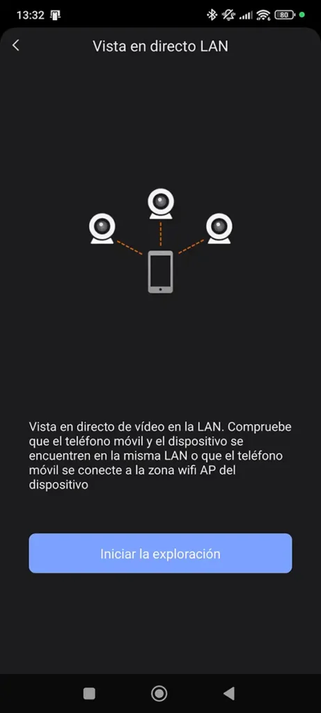 Primer paso para activar RTSP en la Ezviz C7 Dual: la pantalla 'Vista en directo LAN' en los ajustes de la app Ezviz, con el botón 'Iniciar la exploración' para encontrar la cámara en la red local.
