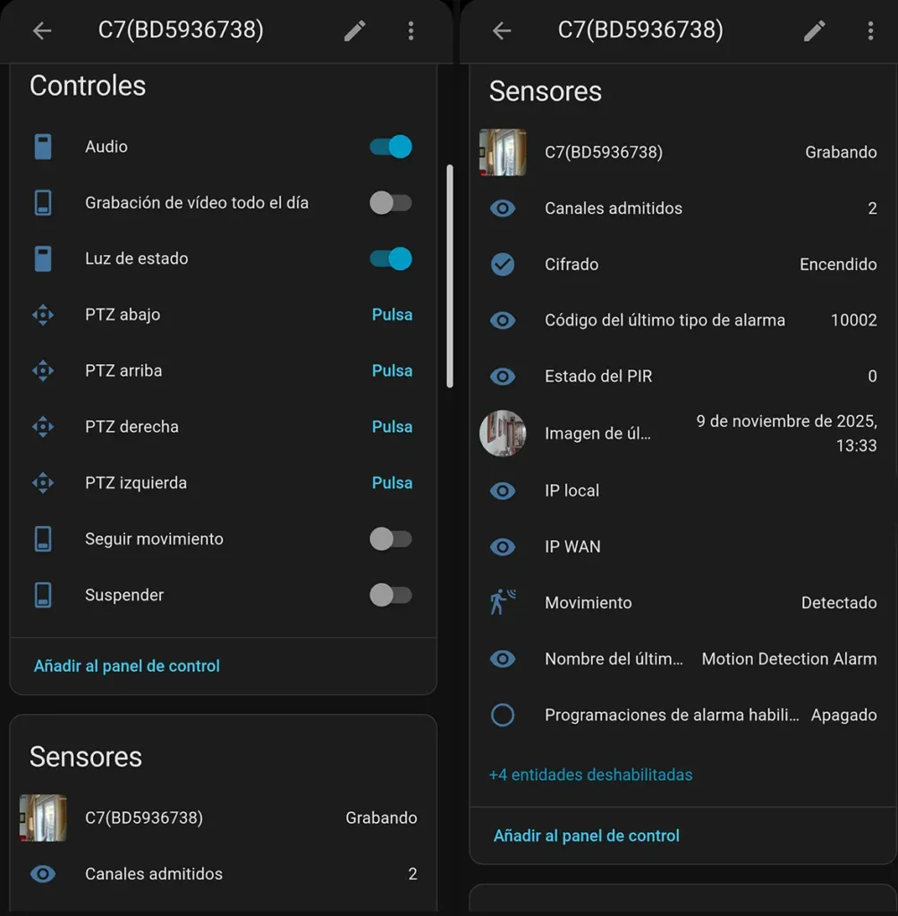 Entidades de la cámara Ezviz C7 Dual en Home Assistant a través de la integración oficial, mostrando los 'Controles' para PTZ, audio y seguimiento, y los 'Sensores' para el estado de movimiento y grabación.