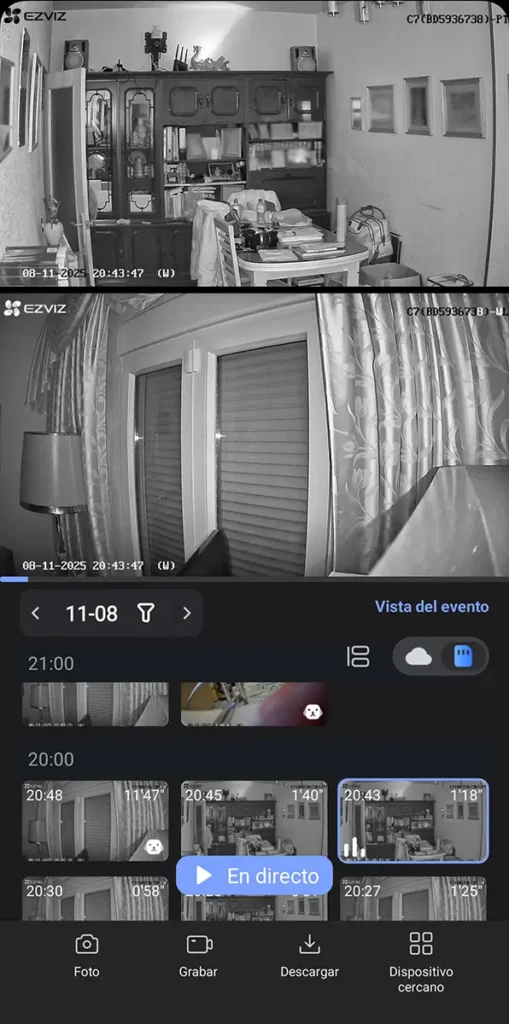 Demostración de la calidad de visión nocturna por infrarrojos de la Ezviz C7 Dual y la función para descargar grabaciones directamente desde la tarjeta microSD a través de la aplicación Ezviz.