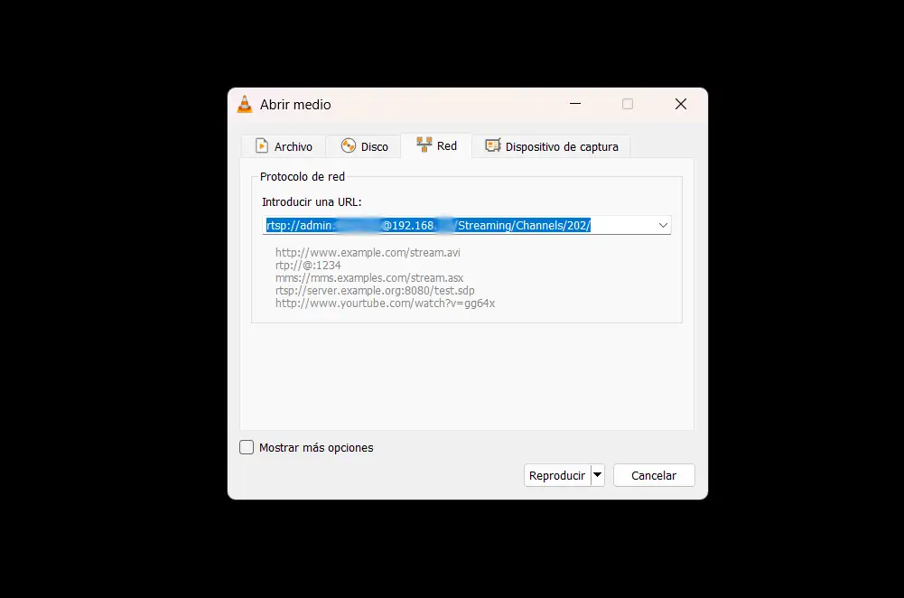 Cómo verificar la URL RTSP de la Ezviz C7 Dual: introduciendo la dirección del stream en la ventana 'Abrir medio' de VLC para confirmar que funciona antes de añadirla a Frigate.
