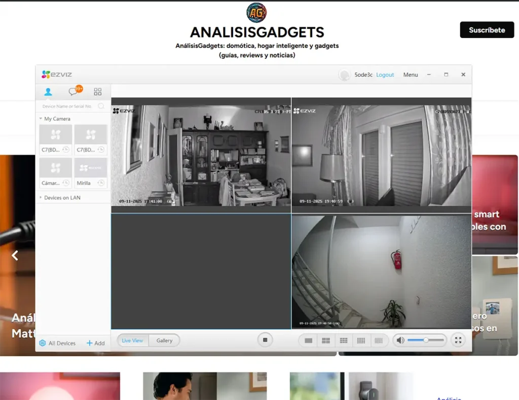 Interfaz del software Ezviz Studio para PC, mostrando la visualización en directo de varias cámaras a la vez (modo NVR), incluyendo los dos streams de la Ezviz C7 Dual y una mirilla inteligente.