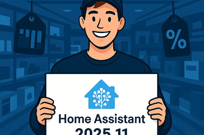 Un hombre sonriente sostiene un cartel de Home Assistant 2025.11 en un almacén, simbolizando las novedades de la actualización como el nuevo selector de objetivos para automatizaciones.