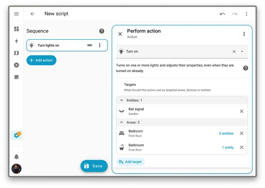El nuevo selector de objetivos de Home Assistant 2025.11 en el editor de automatizaciones, mostrando cómo se pueden seleccionar áreas como 'Bedroom' y ver con claridad el número exacto de entidades que se verán afectadas.