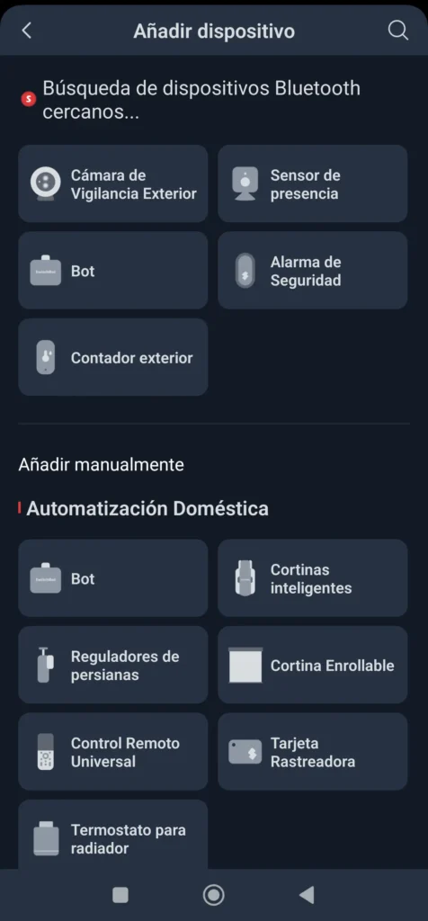 Captura de la app de SwitchBot en Android mostrando la pantalla Añadir dispositivo, con el sensor de presencia seleccionado entre los dispositivos Bluetooth cercanos