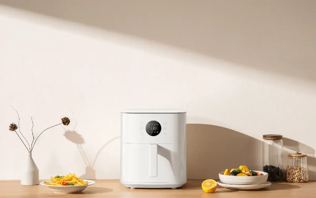 Freidora de aire Xiaomi Air Fryer 6.5L blanca en encimera de cocina con patatas fritas y verduras, electrodoméstico de 6,5 litros para familias