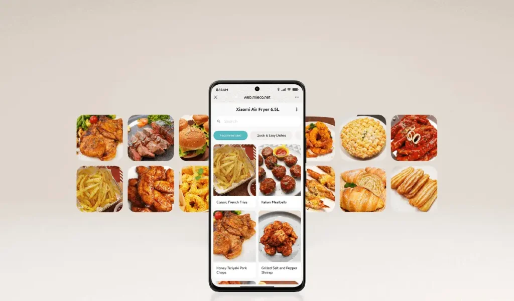 Recetas online para freidora de aire Xiaomi Air Fryer 6.5L mostradas en un móvil, 101 ideas de cocina sin aceite tras escanear el código QR