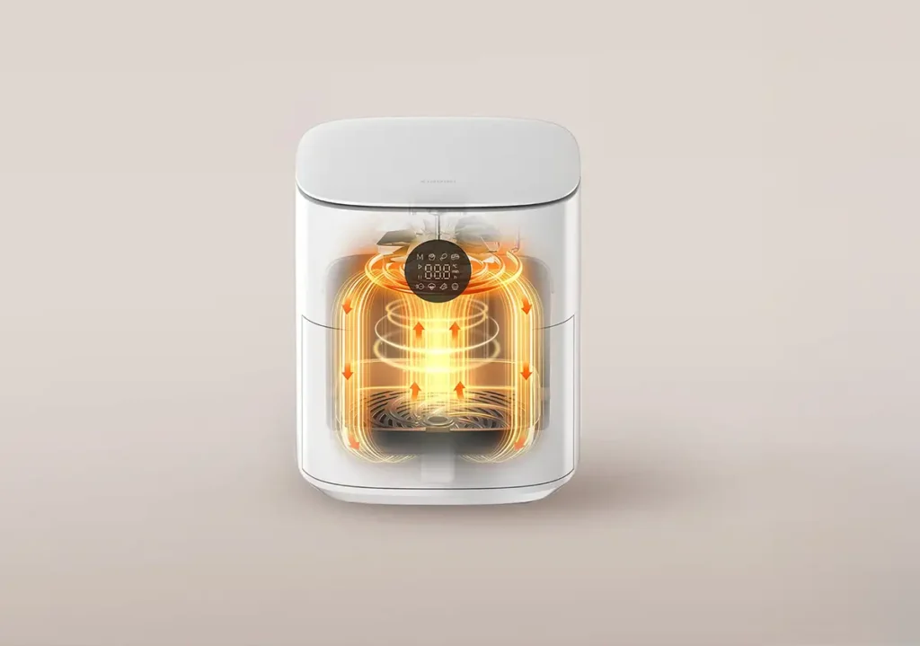 Diagrama de aire caliente 360° en freidora de aire Xiaomi Air Fryer 6.5L, sistema de convección para cocinar sin dar la vuelta a los alimentos
