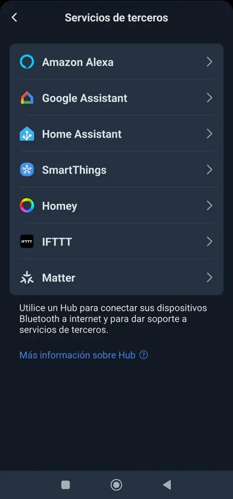 Pantalla de servicios de terceros del SwitchBot Presence Sensor en la app, mostrando integración con Amazon Alexa, Google Assistant, Home Assistant, SmartThings, Homey, IFTTT y Matter mediante hub