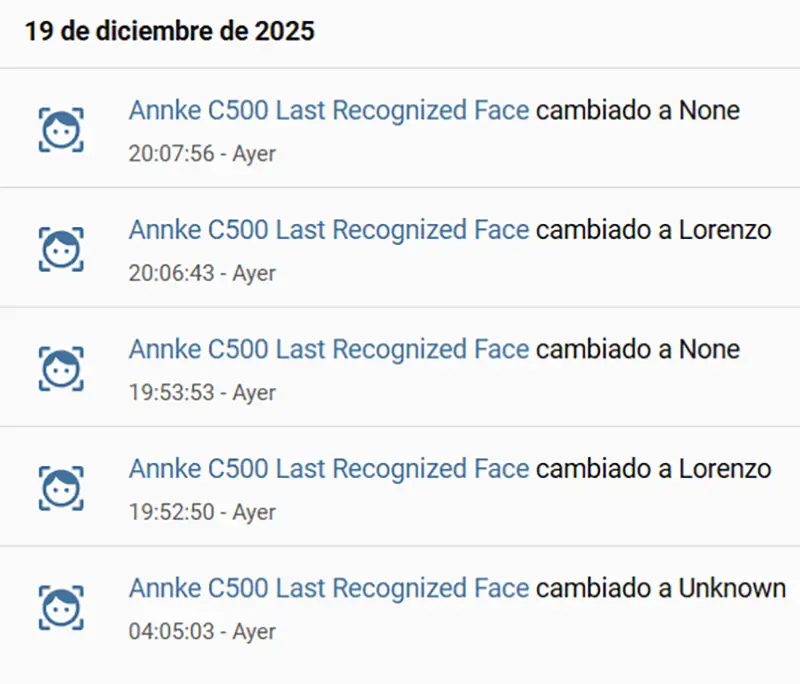 Registro de Home Assistant con eventos de reconocimiento facial en Frigate, mostrando cambios de ‘Last Recognized Face’ a Lorenzo, Unknown y None