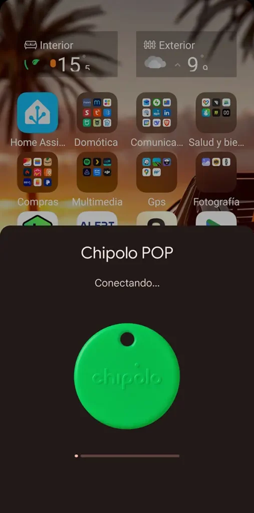 Proceso de vinculación del Chipolo POP en Android: pantalla de conexión desde Find Hub.