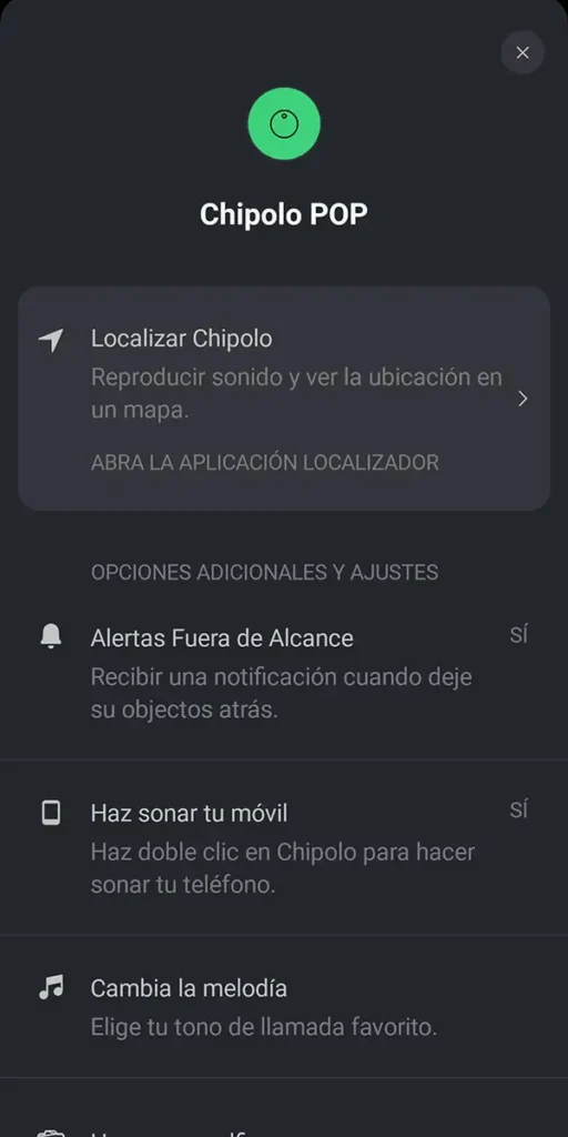 Opciones del Chipolo POP en Android: alertas fuera de alcance, hacer sonar el móvil y cambiar la melodía