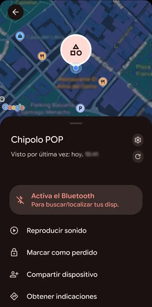 Vista del Chipolo POP en Google Find Hub: mapa con la última ubicación y opciones para reproducir sonido, marcar como perdido, compartir y obtener indicaciones.