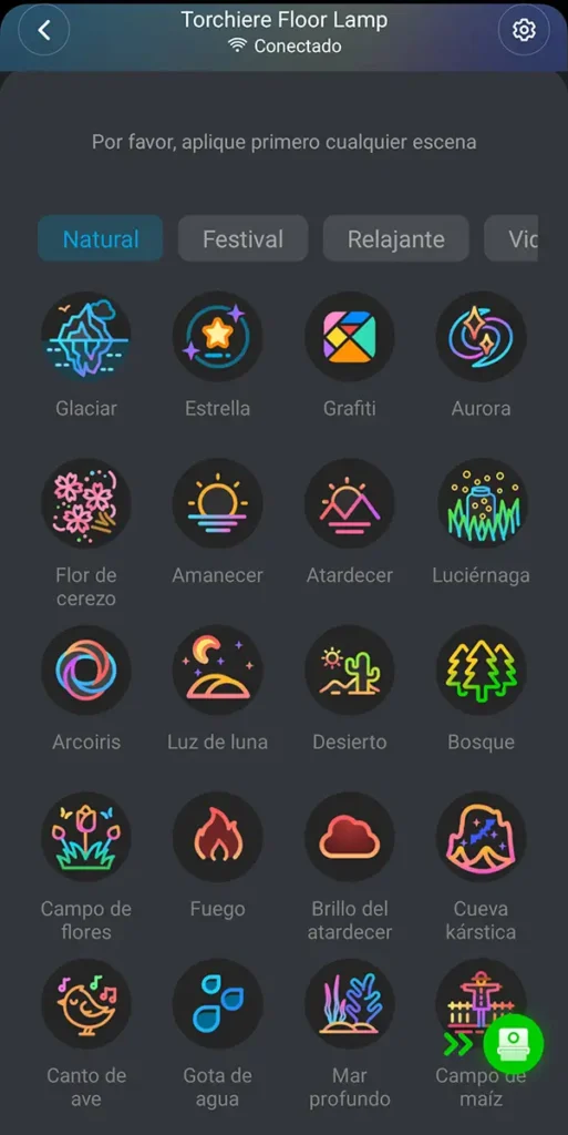 Captura de la app Govee Home con las escenas de ambiente de la lámpara Govee Torchiere, mostrando efectos naturales como Glaciar, Amanecer, Atardecer, Luz de luna o Fuego.