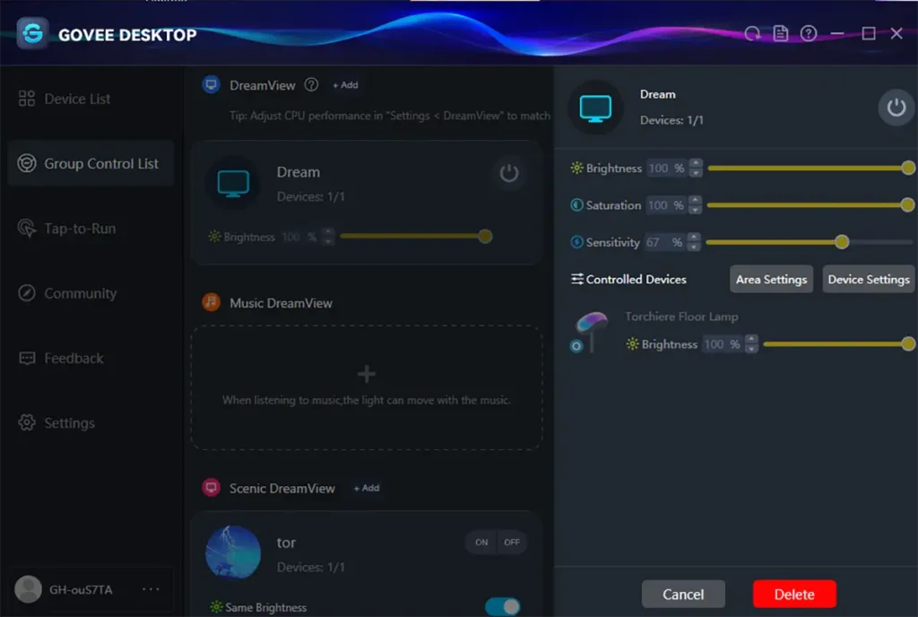 Captura de Govee Desktop con la Govee Torchiere configurada en modo DreamView, mostrando los ajustes de brillo, saturación y sensibilidad sincronizados con la pantalla del PC.