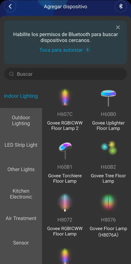 Captura de pantalla de la app Govee Home al agregar dispositivo, mostrando la sección Indoor Lighting con la lámpara de pie Govee Torchiere H60B1 entre las opciones.