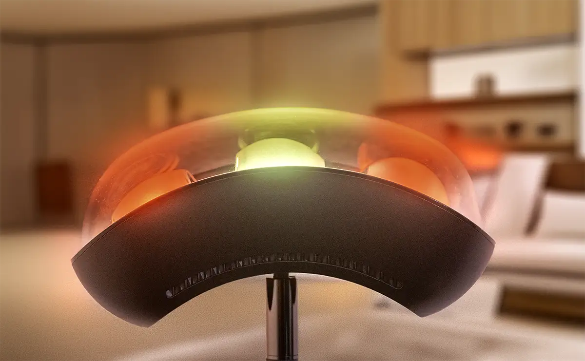 Lámpara de pie Govee Torchiere iluminando un salón moderno con luz RGBIC roja y amarilla rebotada, enfocada en su cabezal.