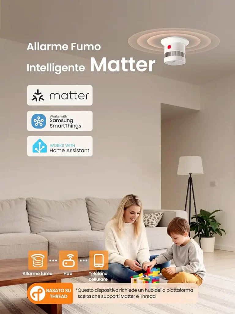Imagen promocional del detector de humo Heiman HS1SA-M con compatibilidad Matter, SmartThings y Home Assistant, y aviso de que requiere hub