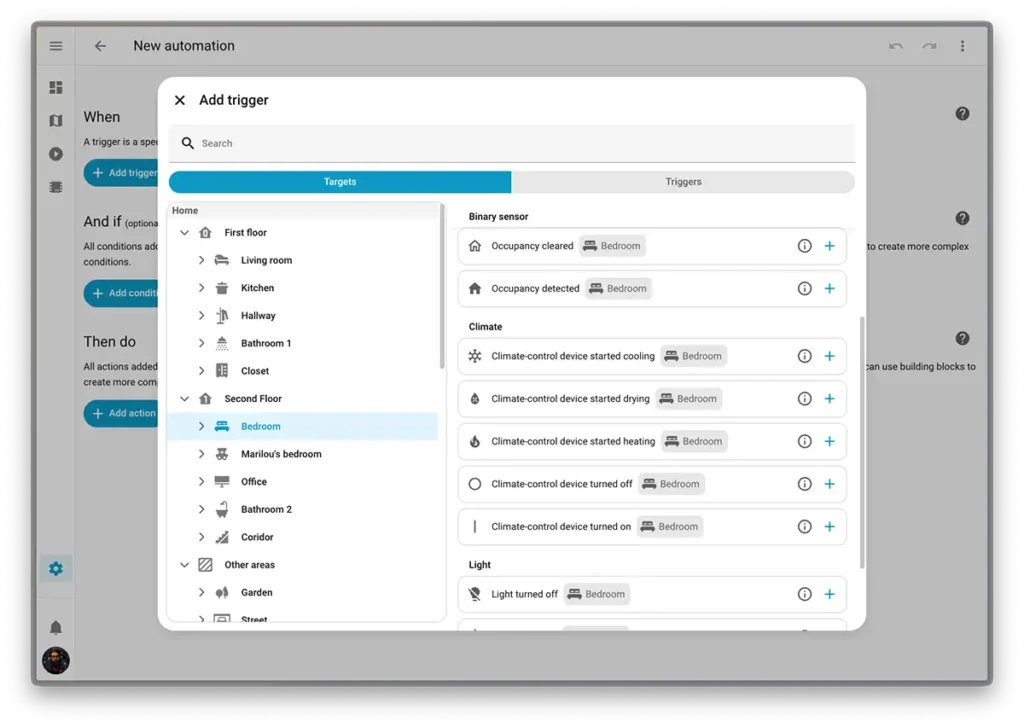 Interfaz de Home Assistant 2025.12 mostrando el nuevo editor de automatizaciones con selector de disparadores por habitación y área, incluyendo sensores, clima y luces del dormitorio.