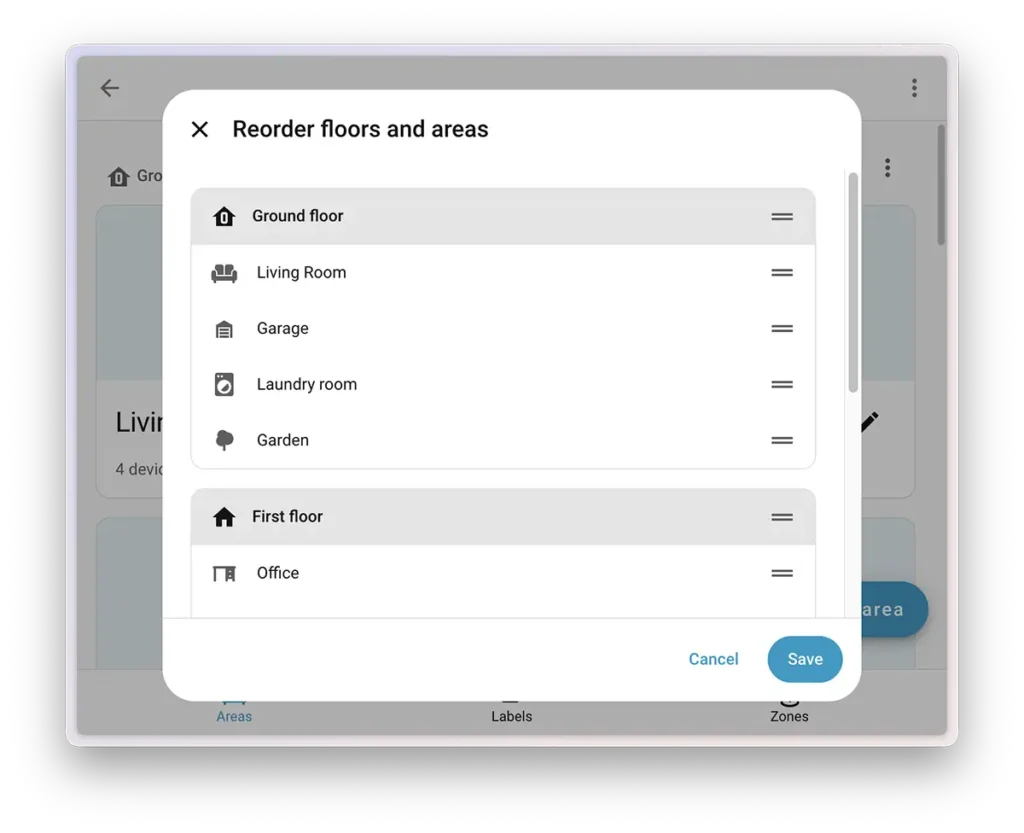 Ventana de Home Assistant 2025.12 para reordenar plantas y áreas de la casa, mostrando la planta baja y primera con habitaciones como salón, garaje, lavadero, jardín y oficina.