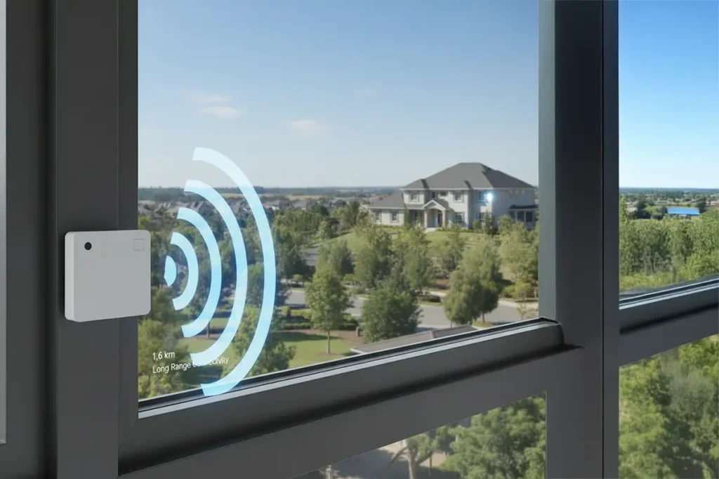 Sensor Shelly Wave Door/Window LR instalado en una ventana, mostrando ondas de señal Z-Wave Long Range alcanzando una casa lejana en el exterior.