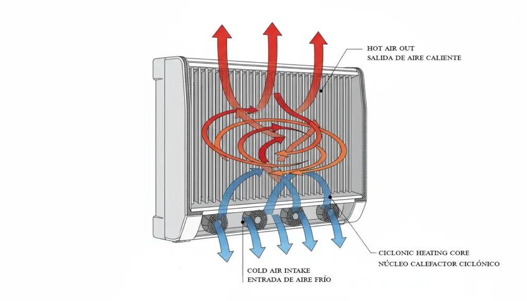 Esquema del Xiaomi Mijia Cyclonic Heater 0W con entrada de aire frío inferior, ventiladores en la base y salida de aire caliente superior en flujo ciclónico.