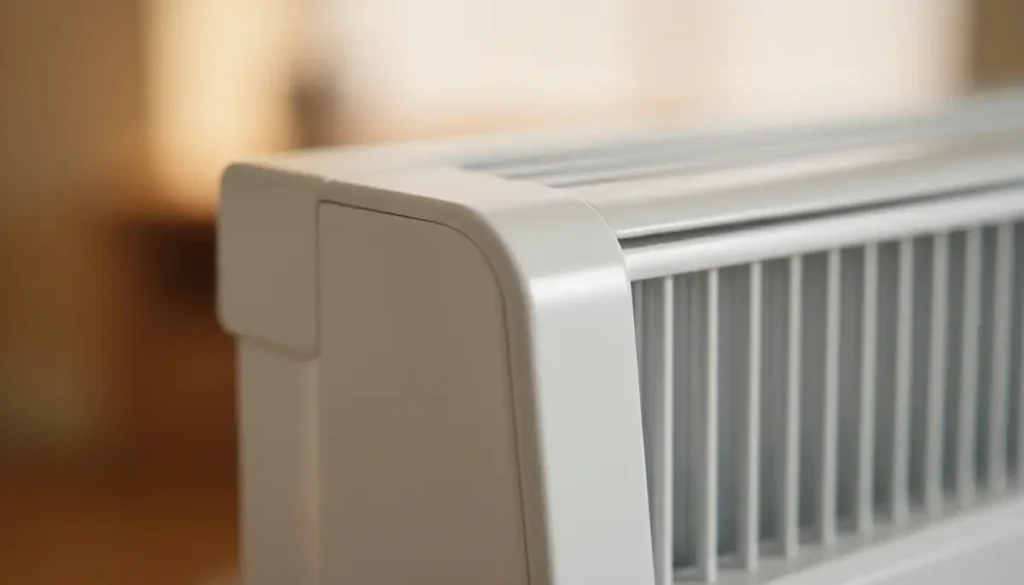 Detalle en primer plano de la esquina de un calefactor de pared blanco, con rejilla superior y acabado minimalista, sobre fondo interior desenfocado con luz cálida.