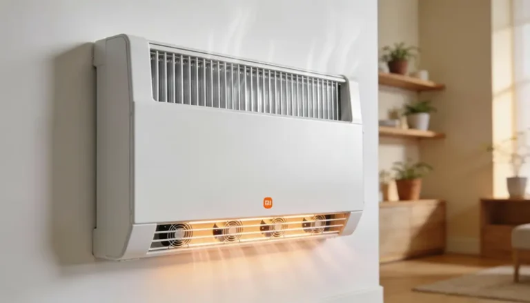 Calefactor de pared Xiaomi Mijia Cyclonic Heater 0W en un salón moderno, con rejilla superior, ventiladores visibles en la base y luz cálida inferior simulando el flujo de aire.