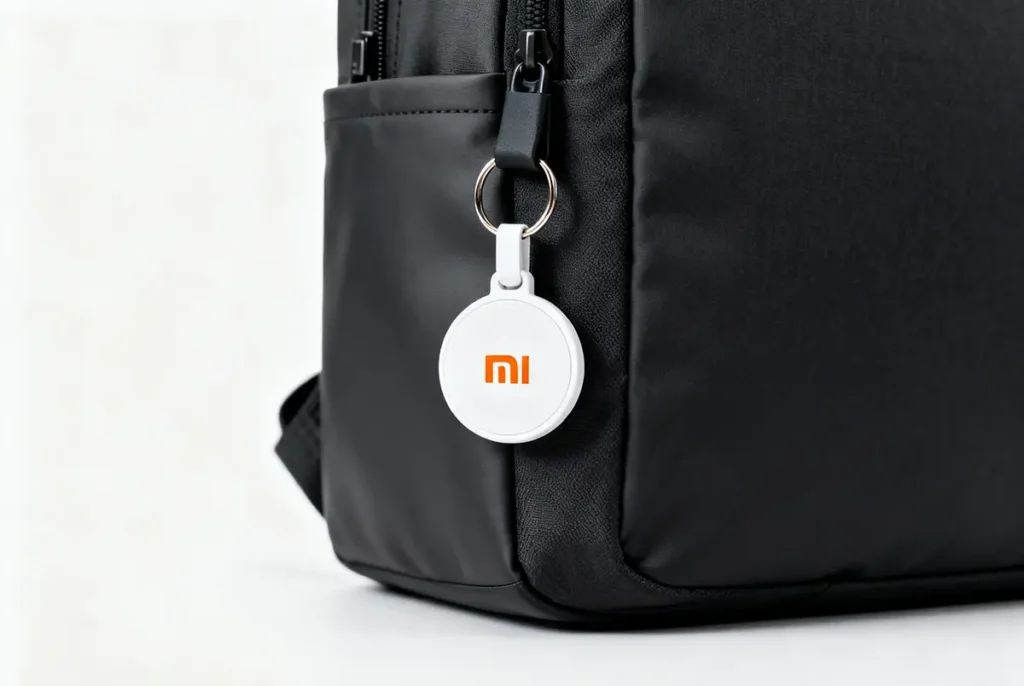 Ilustración conceptual de un supuesto Xiaomi Tag colgado en una mochila negra; imagen generada digitalmente que no corresponde al producto real.
