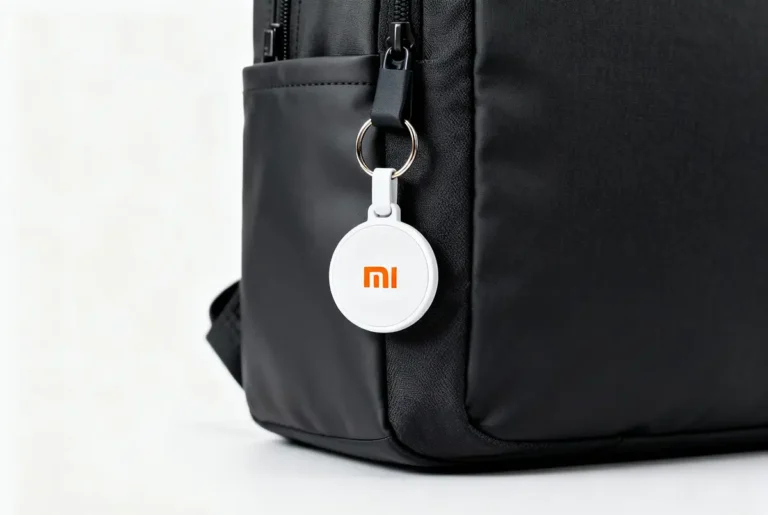 Ilustración conceptual de un supuesto Xiaomi Tag colgado en una mochila negra; imagen generada digitalmente que no corresponde al producto real.