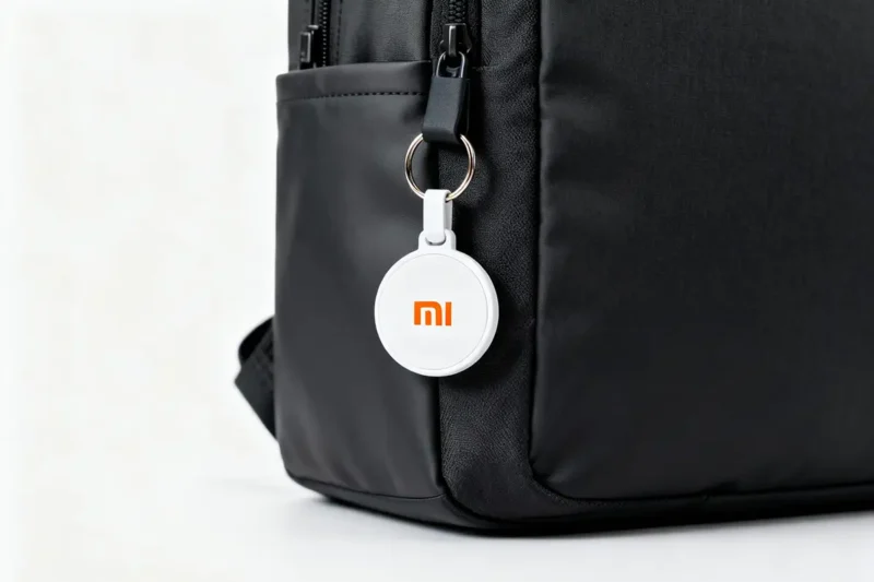 Ilustración conceptual de un supuesto Xiaomi Tag colgado en una mochila negra; imagen generada digitalmente que no corresponde al producto real.