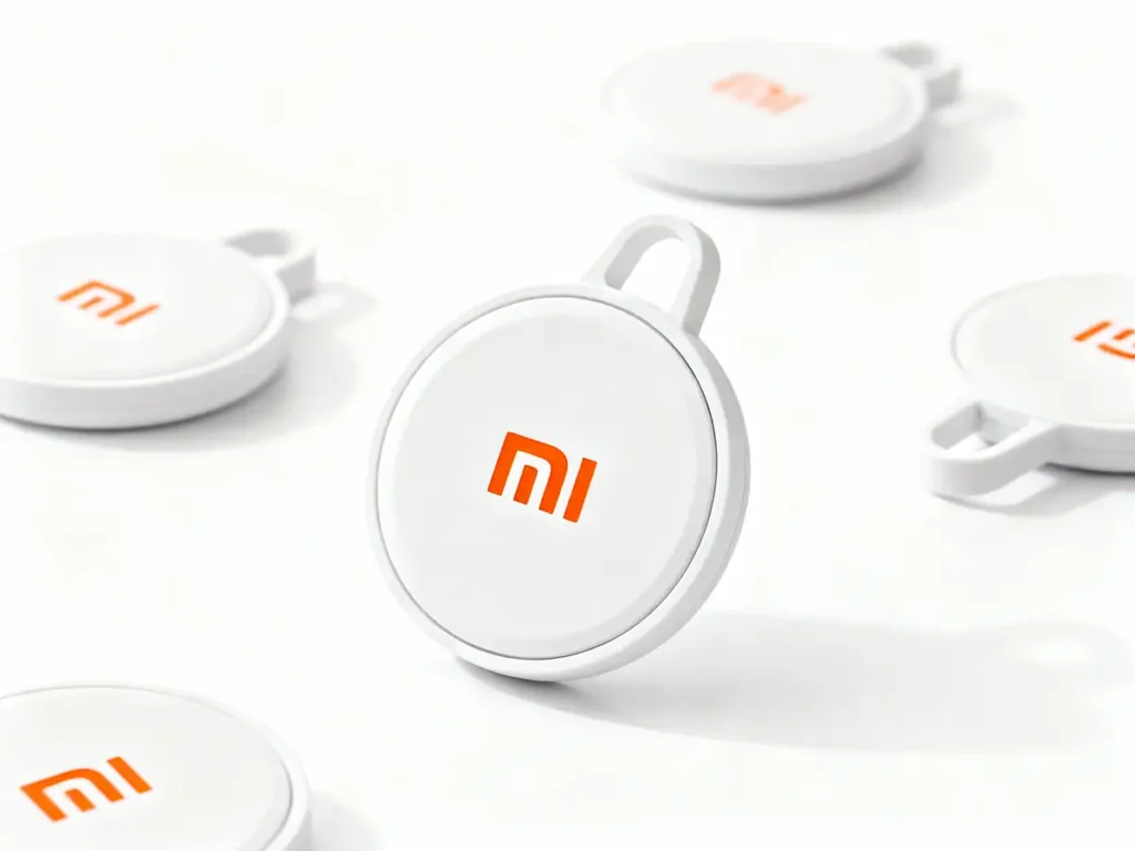 Ilustración conceptual de varios supuestos Xiaomi Tag blancos con el logo “mi” en naranja sobre fondo blanco; imagen generada digitalmente que no representa el producto real.