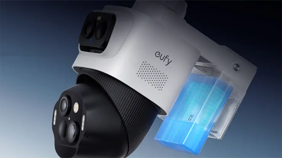 Cámara de seguridad eufyCam S4 mostrando el módulo PTZ y la batería intercambiable iluminada en azul