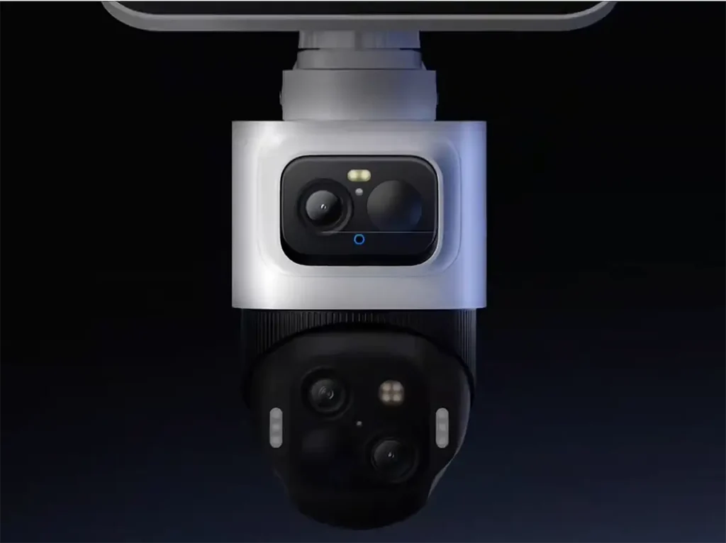 Detalle frontal de la cámara de seguridad eufyCam S4 mostrando el módulo 4K y el cabezal PTZ sobre fondo negro